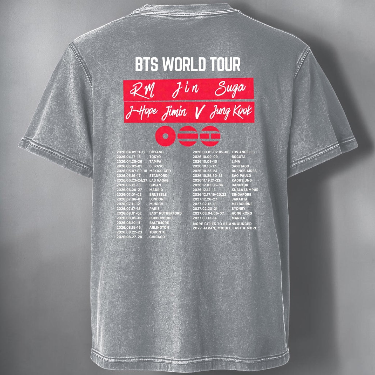 Polera Acid Wash BTS Arirang World Tour Tribal, detalle de la tela - Oh My Merch Chile