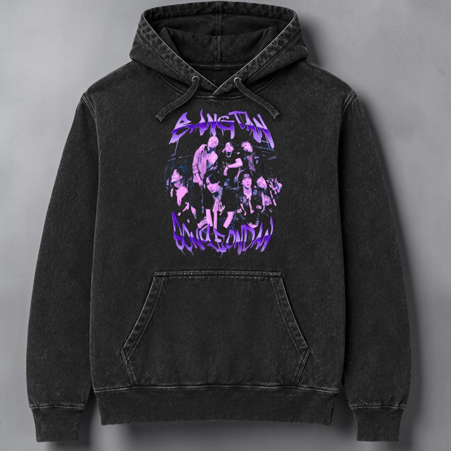 Polerón Canguro Acid Wash BTS Bangtan Sonyeondan, vista frontal - Oh My Merch Chile