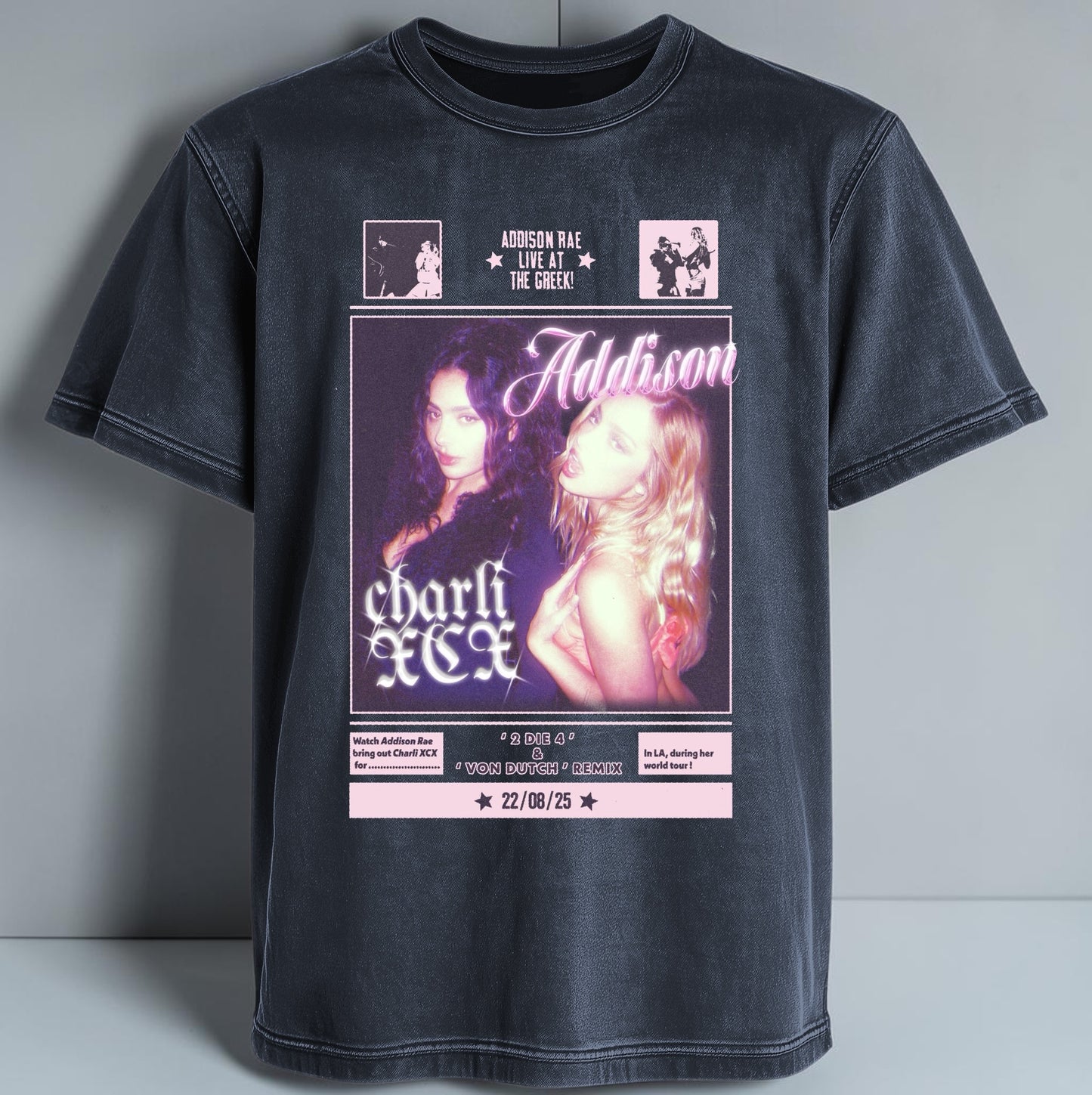 Polera Acid Wash Addison Rae y Charli Xcx, detalle del estampado - Oh My Merch Chile