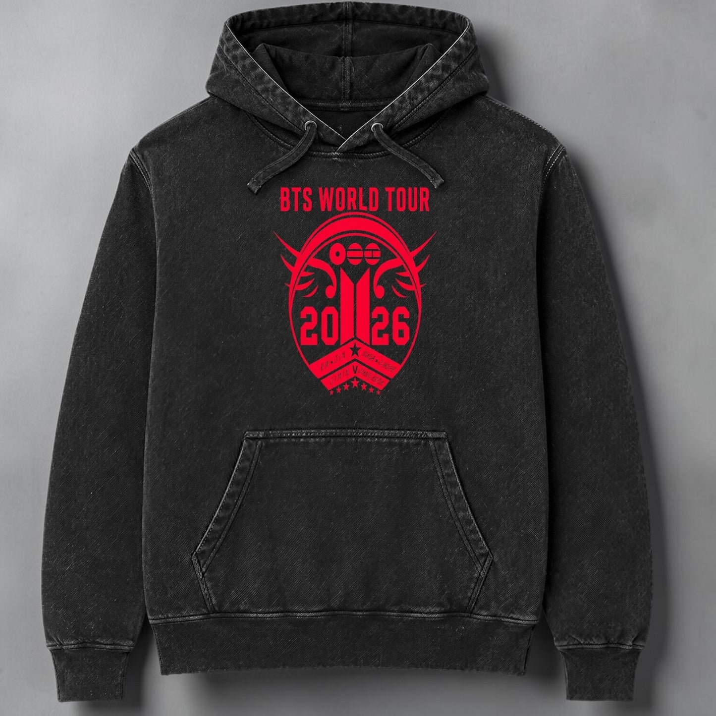 Polerón Canguro Acid Wash Escudo BTS Arirang World Tour, vista frontal - Oh My Merch Chile