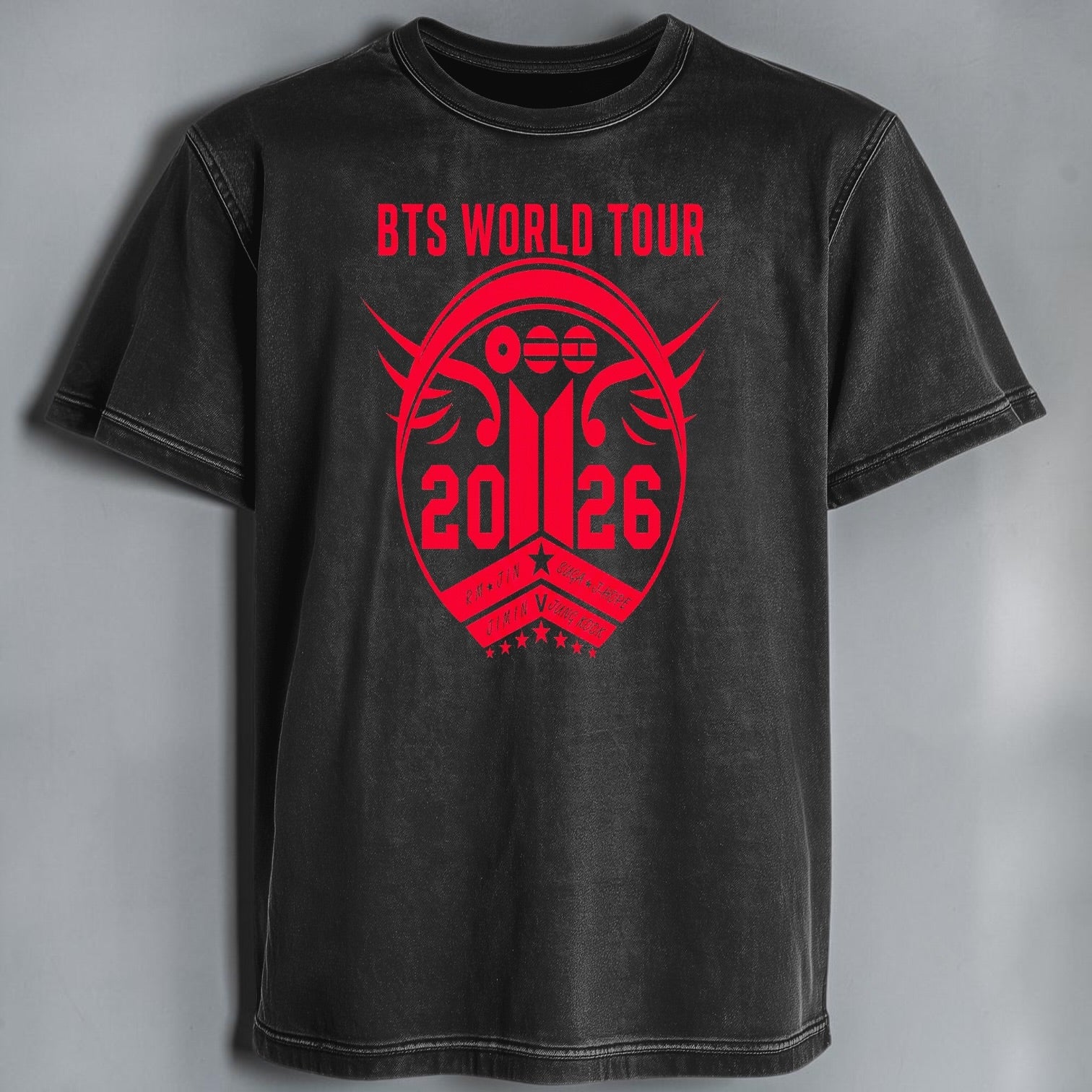 Polera Acid Wash Escudo BTS Arirang World Tour, vista frontal - Oh My Merch Chile