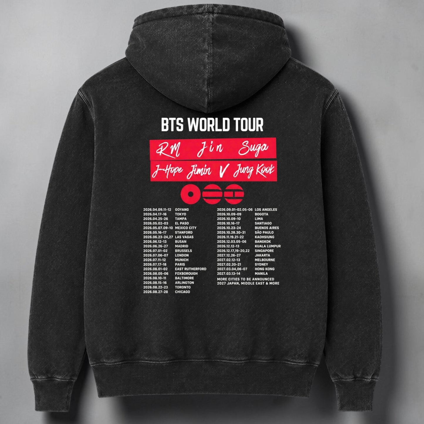 Polerón Canguro Acid Wash BTS Arirang World Tour, vista trasera - Oh My Merch Chile