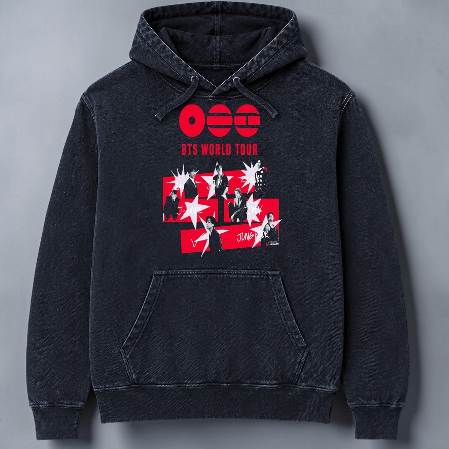 Polerón Canguro Acid Wash BTS Arirang World Tour, vista lateral - Oh My Merch Chile