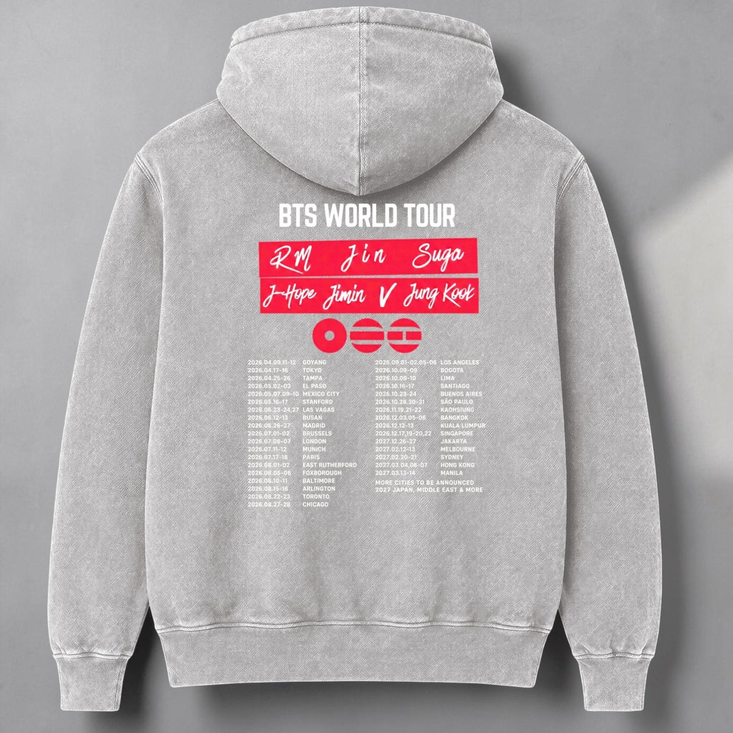 Polerón Canguro Acid Wash BTS Arirang World Tour, detalle de la tela - Oh My Merch Chile