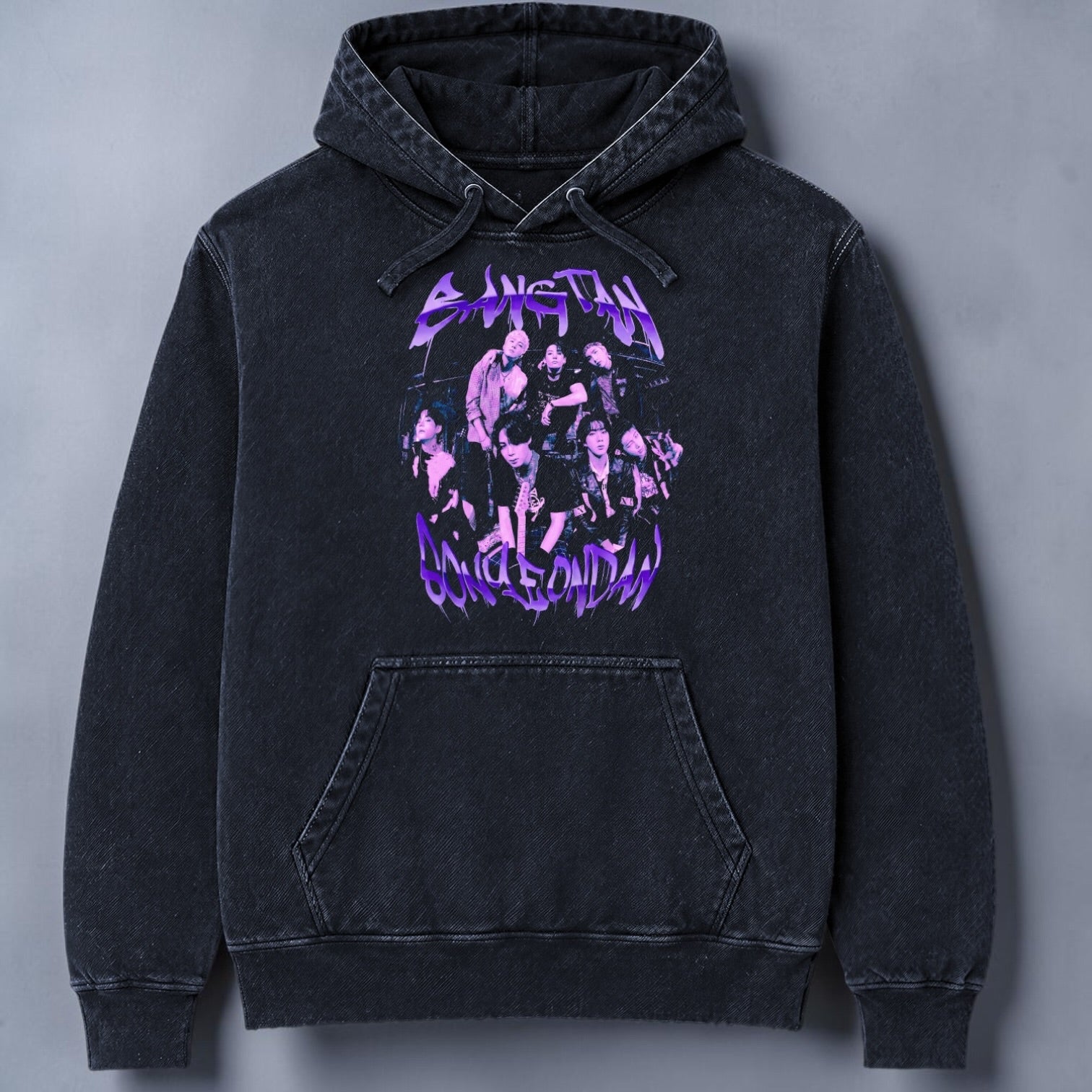 Polerón Canguro Acid Wash BTS Bangtan Sonyeondan, vista lateral - Oh My Merch Chile