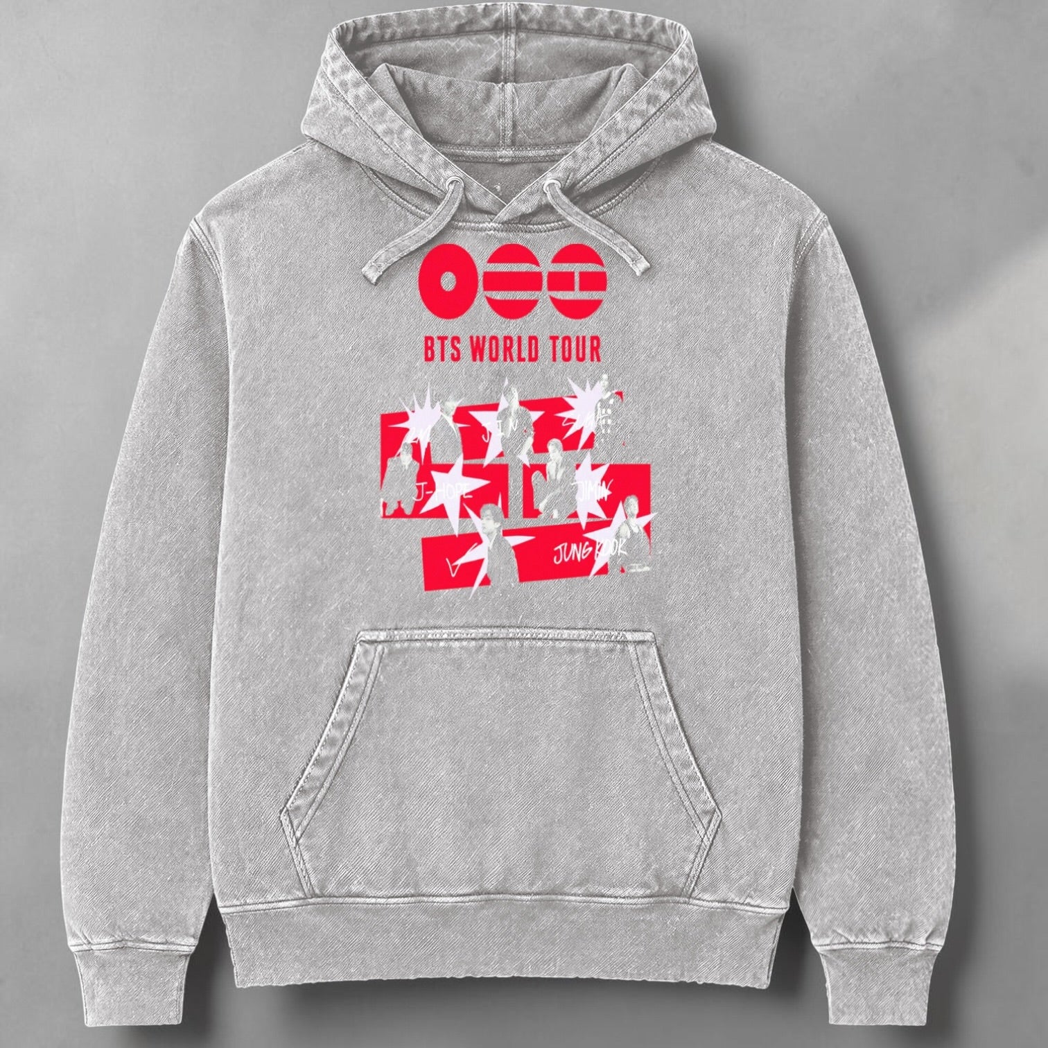 Polerón Canguro Acid Wash BTS Arirang World Tour, detalle del estampado - Oh My Merch Chile