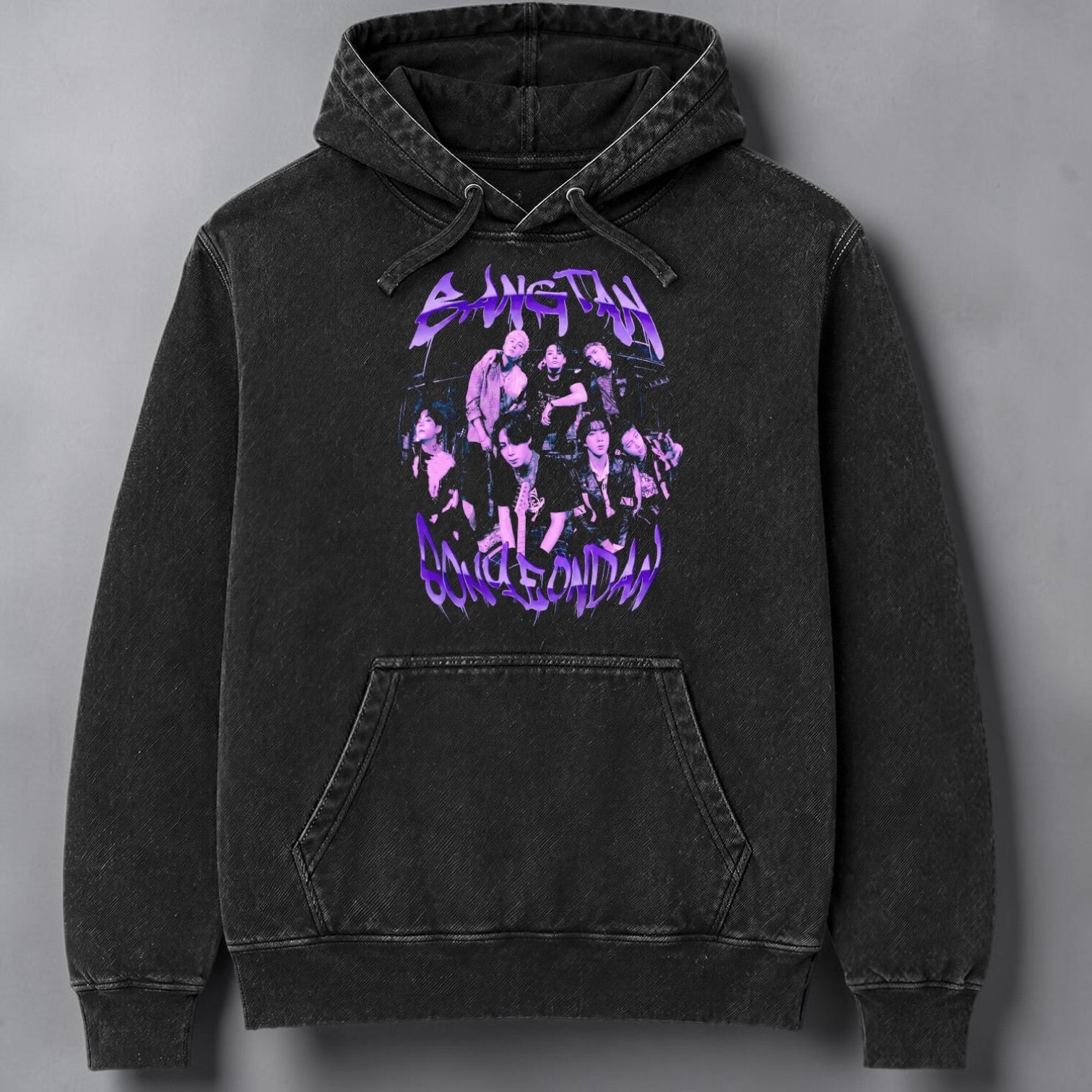 Polerón Canguro Acid Wash BTS Bangtan Sonyeondan, vista frontal - Oh My Merch Chile