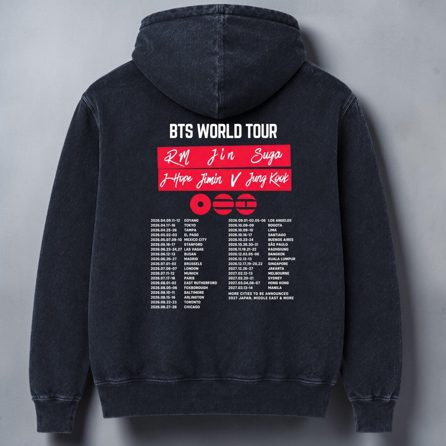 Polerón Canguro Acid Wash BTS Arirang World Tour, detalle de terminaciones - Oh My Merch Chile